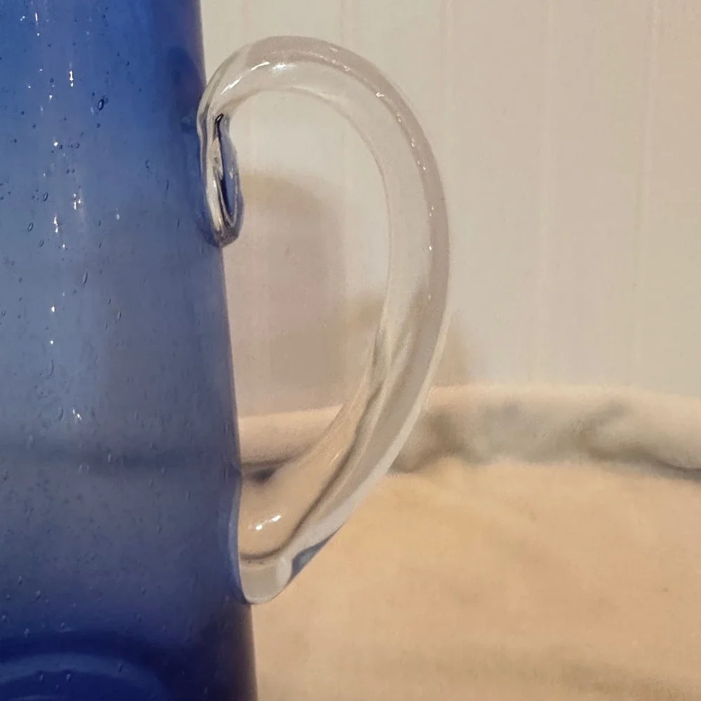 Vintage Seeded Glass Pitcher 10.5in Cobalt Blue Excellent Hand Blown Coastal Art